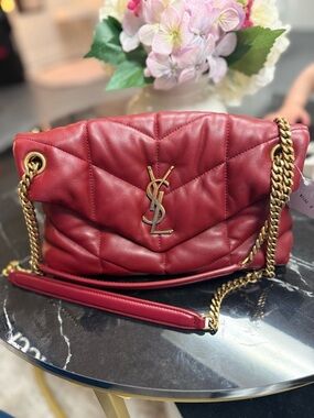 Saint Laurent Quilted Red Leather Shoulder Bag with Gold Chain